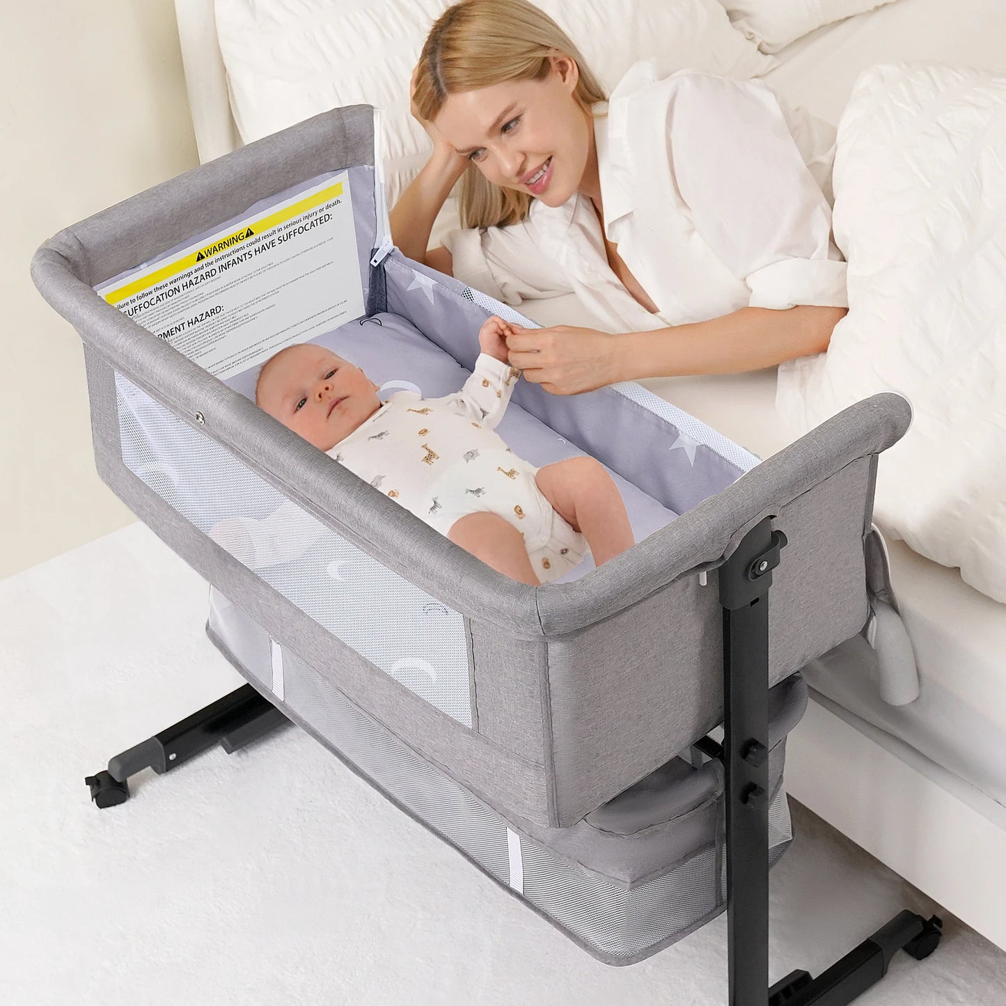 Foldable Portable Baby Bassinet Bedside Crib With Mesh And Basket