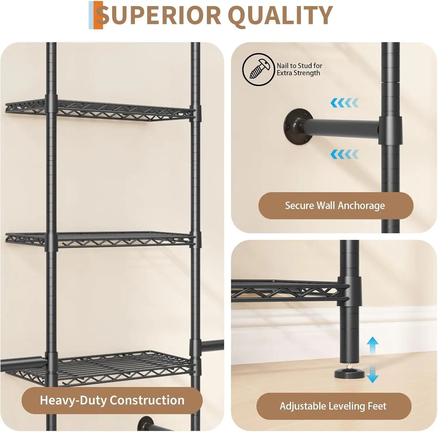 HiMISS 6-Tier Wall Mounted Pipe Closet Rack Heavy Duty