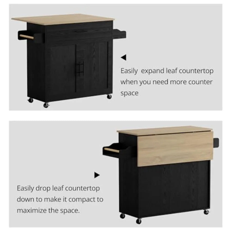 Rolling Kitchen Island Table on Wheels with Drop Leaf, Storage Cabinet, Drawer, Spice/Towel Rack, Kitchen Cart, 47.25 Wide Blac