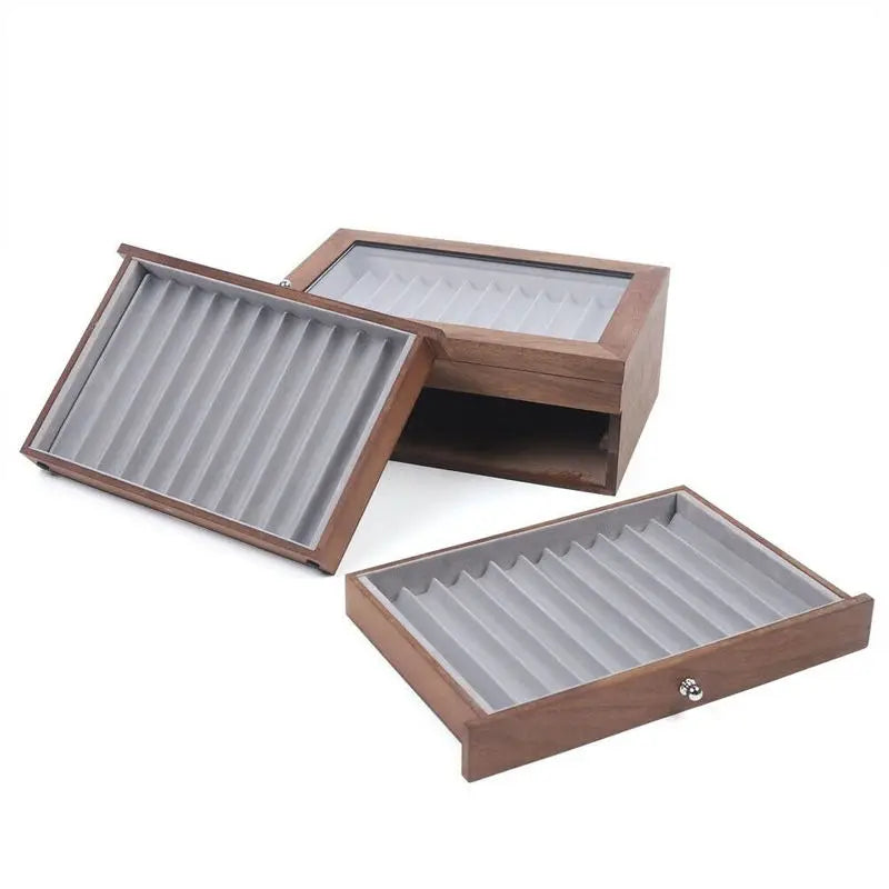 Pen Storage Case 34 Slots Walnut Wood Cabinet With Drawer Student Stationery Pen Display Show Gift Case