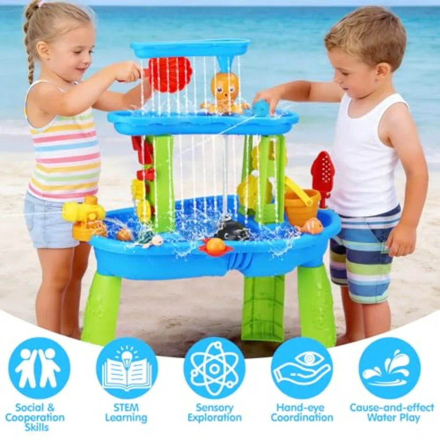 Outdoor 3-Tier Water Table for Toddlers 1-3 3-5 Years Plastic Blue Includes Pump for Sensory Summer Splash Play at Beach Pool B