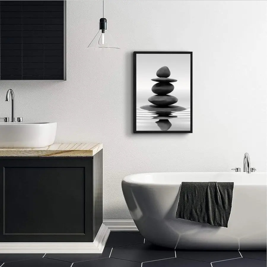 Framed Zen Stone Wall Art for Bathroom and Meditation