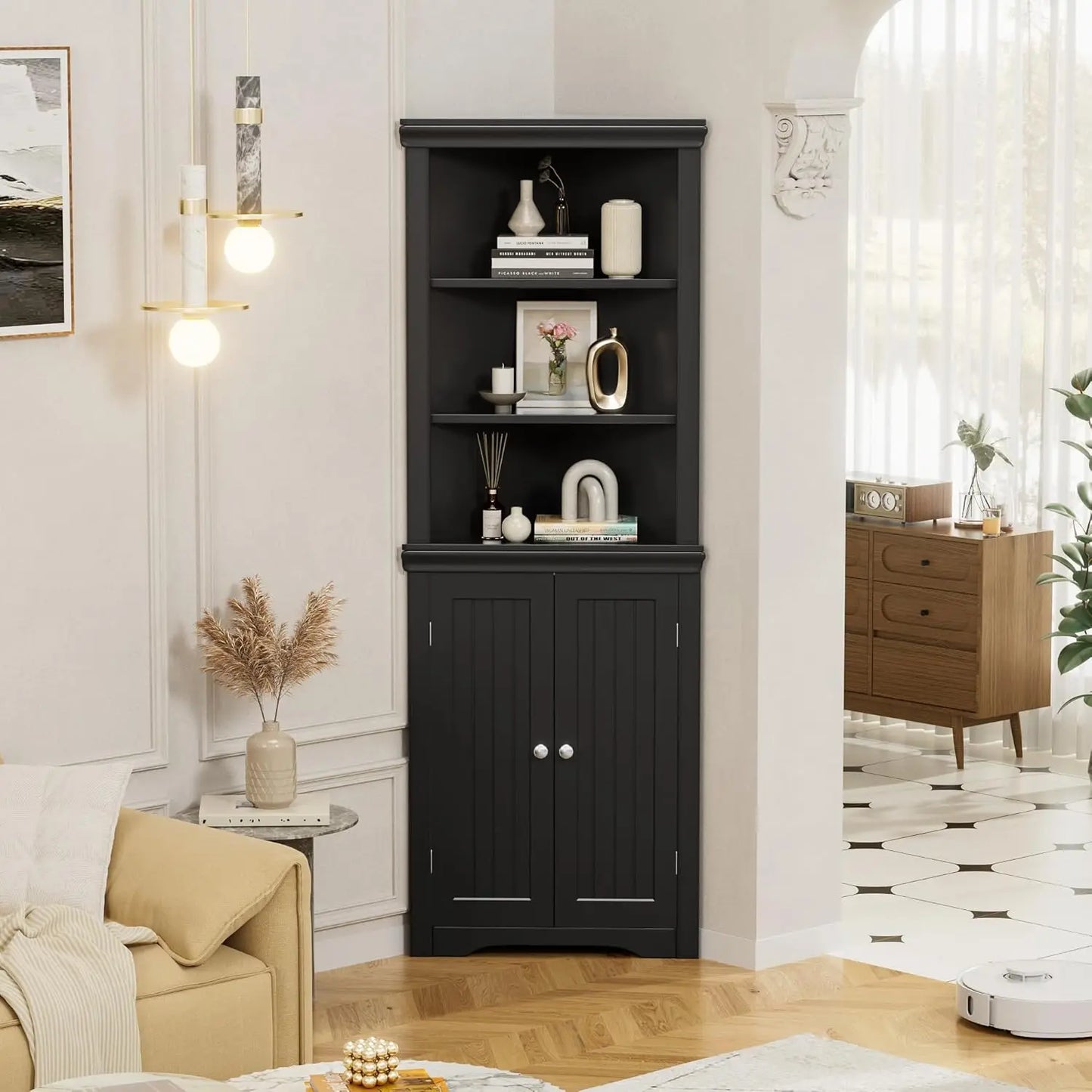 Flamaker Corner Cabinet, Freestanding Corner Shelf with 2 Doors and 3 Shelves, Bathroom Corner Storage Cabinet for Bathroom