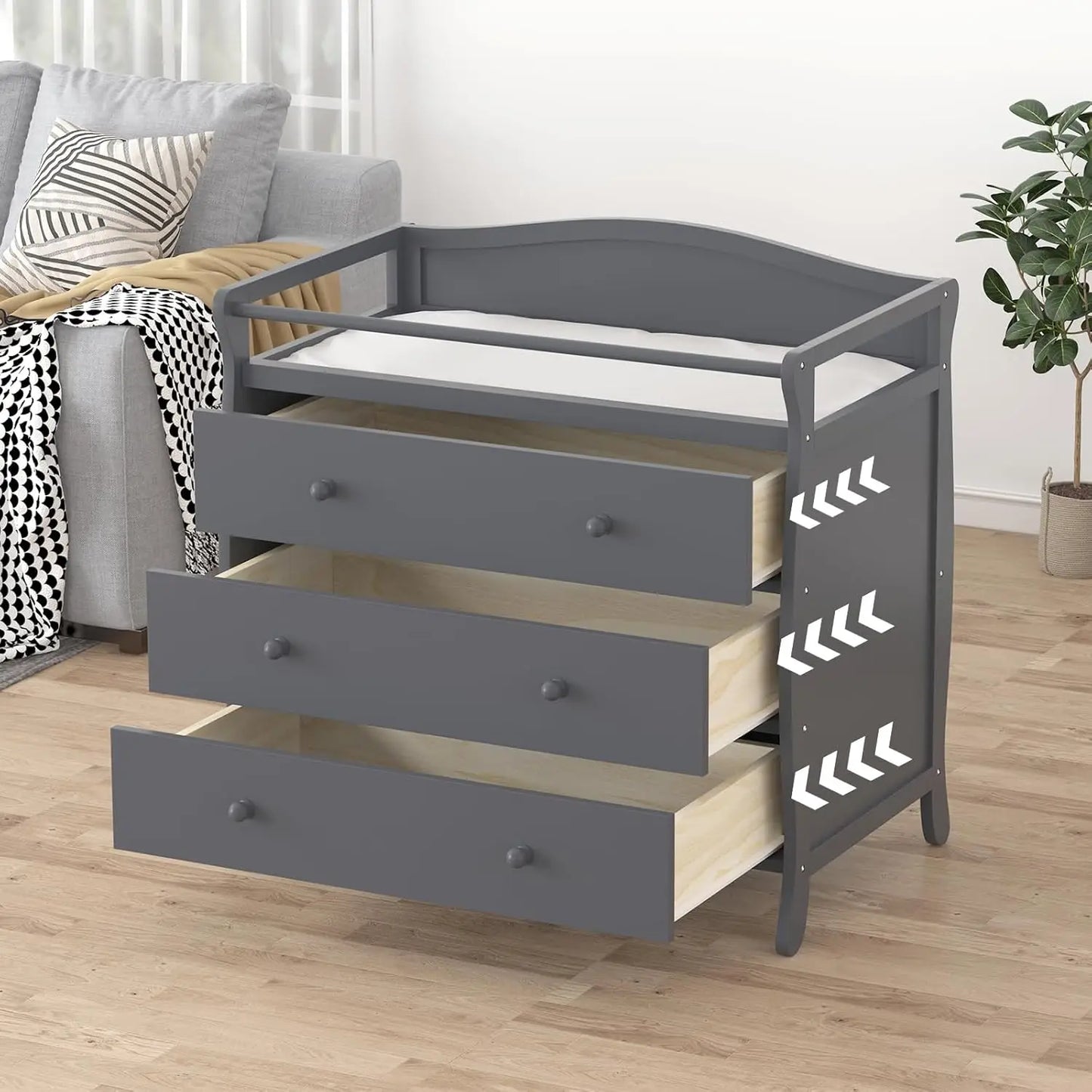 HiMISS Wooden Baby Changing Dresser Nursery Safety Rails Storage Drawers