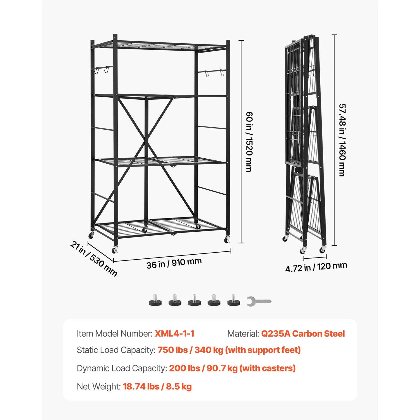 SucceBuy Foldable Metal Storage Shelving Unit With Five Wheels