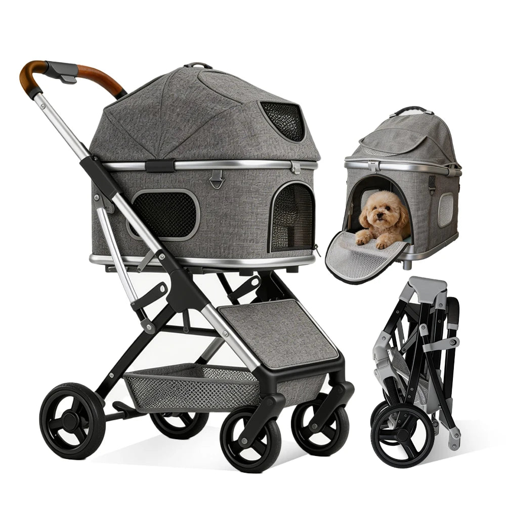Pet Stroller for Medium Dogs & Cats Up to 55lbs, 2-in-1 Convertible Design with Removable Carrier & One-Click Folding Dog Stroller with 4Wheels