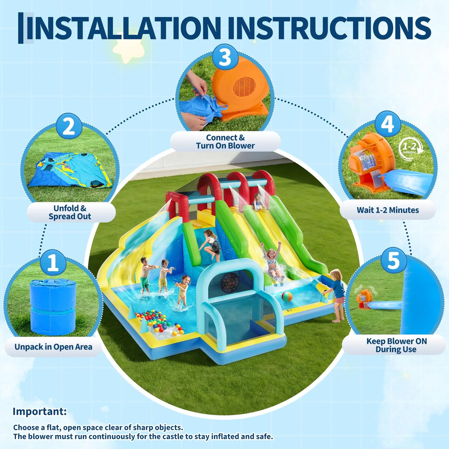 Inflatable Bounce House With 3 Slides, Water Slide Bouncy Castle With Splash Pool & Blower For Kids Indoor Outdoor Play Center Set