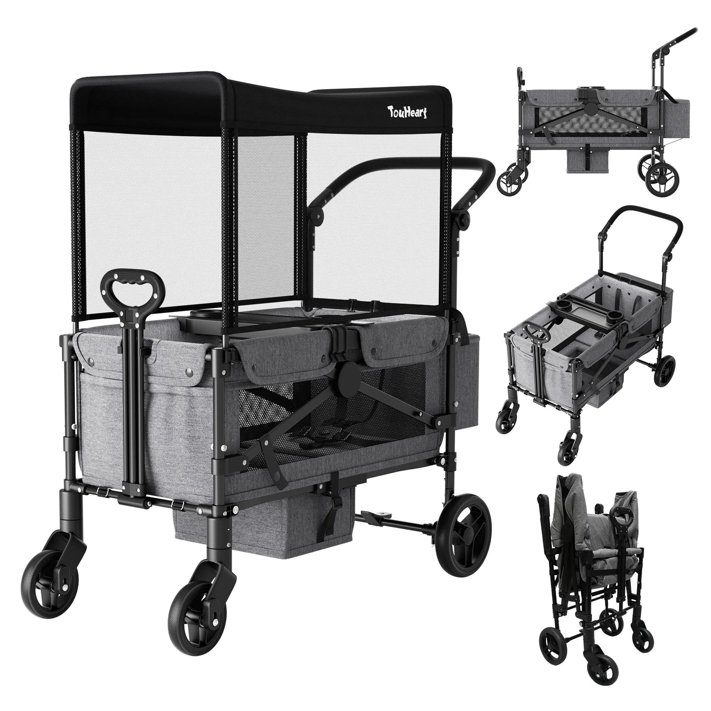 Foldable Two Seat All Terrain Child Wagon Stroller With Canopy