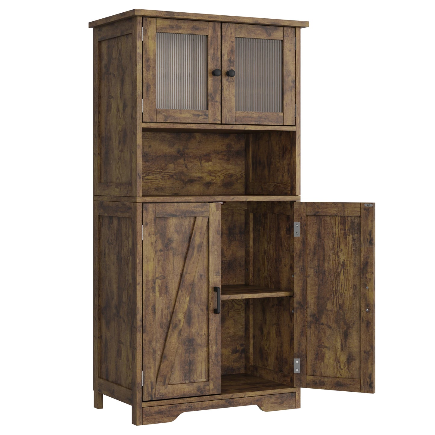 Free Standing Kitchen Pantry Cupboard with 4 Doors and Open Space 128cm Bathroom Tall Cabinet with Tempered Glass Doors