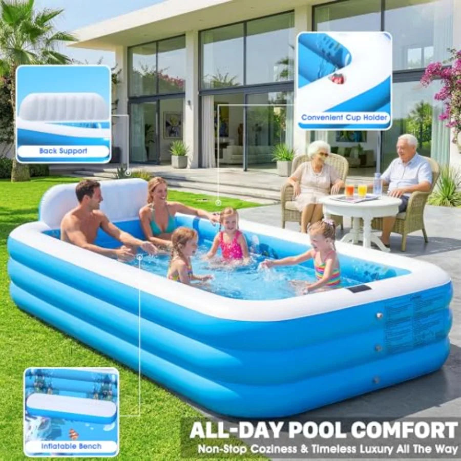 Backyard Inflatable Pool With Solar Powered Lights And Seat