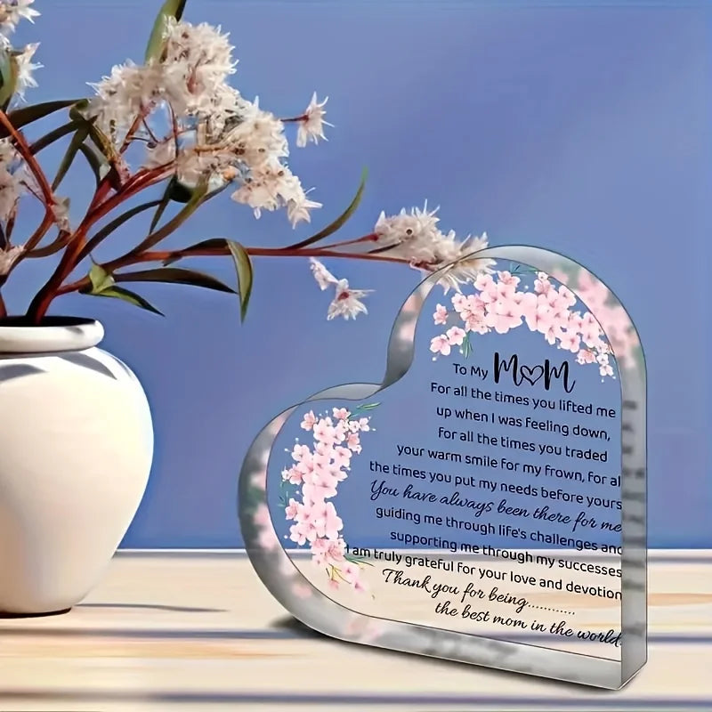 Heart Shaped Acrylic Mom Appreciation Plaque Floral Design Elegant Script