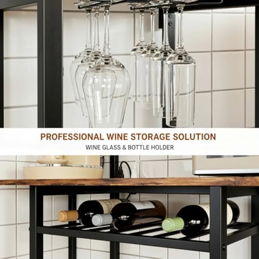 Kitchen corner bakers rack with power outlet, 6-tier industrial coffee bar in rustic brown metal, includes wine rack, hooks, wi