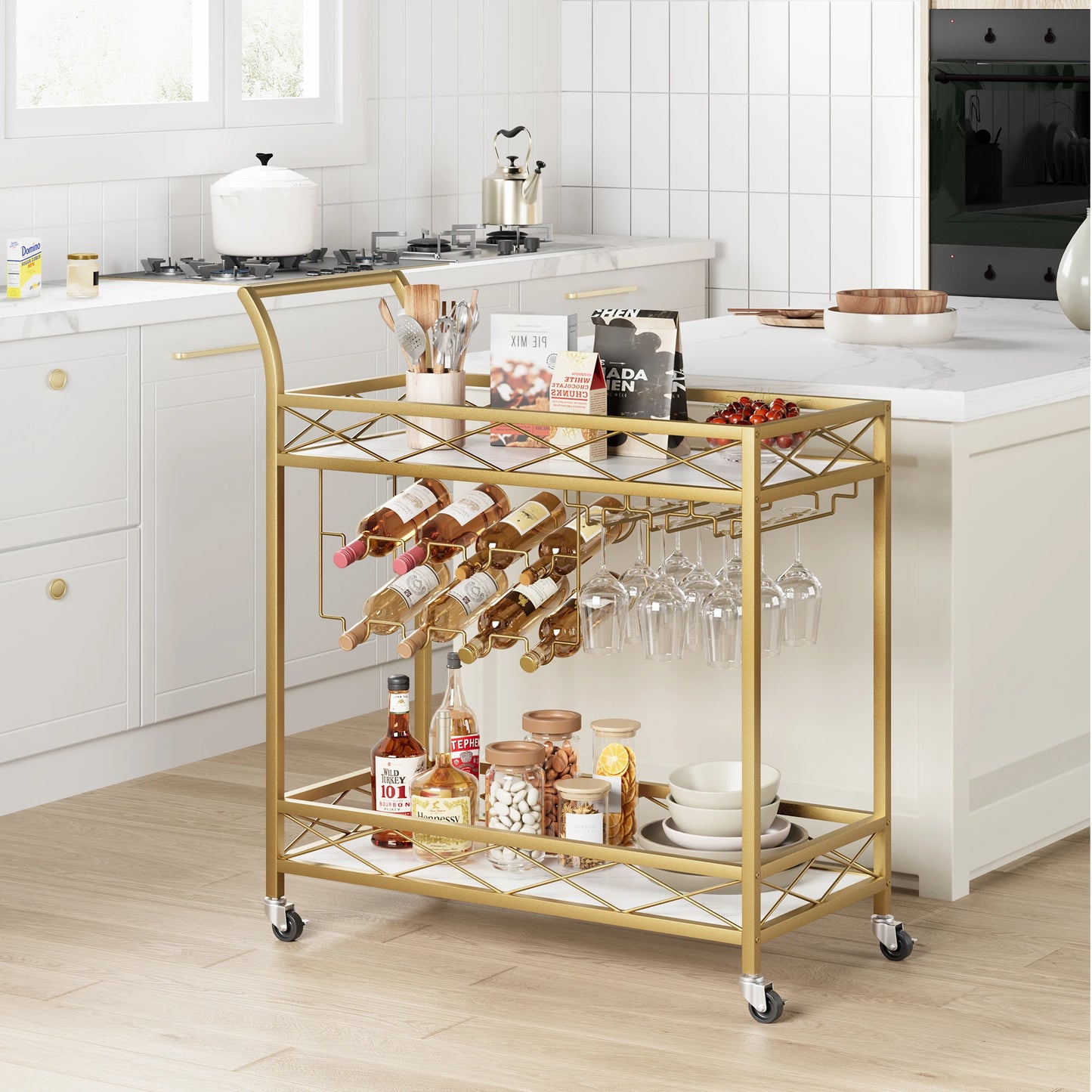 2-Tier Home Dining Room Bar Serving Cart on Lockable Wheels Mobile Beverage Cart with Wine Racks Glass Holder Rolling Wine Cart