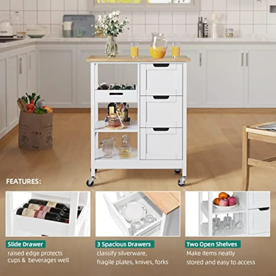 Kitchen island cart for dining room use, solid wood top in oak white finish, with 3-drawer storage and smooth-rolling wheels fo
