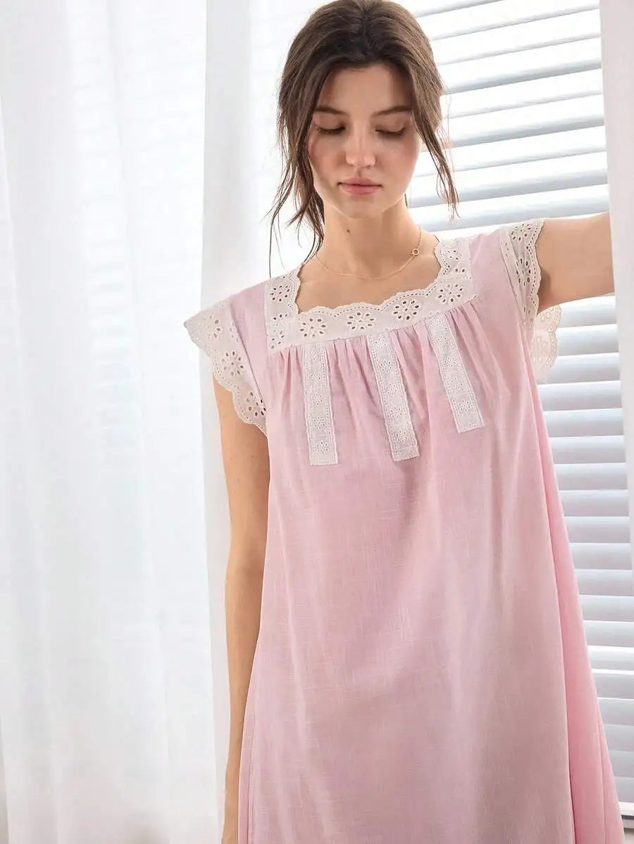 Womens 100% Cotton Lace Trim Nightgown Sleepwear Soft Comfortable