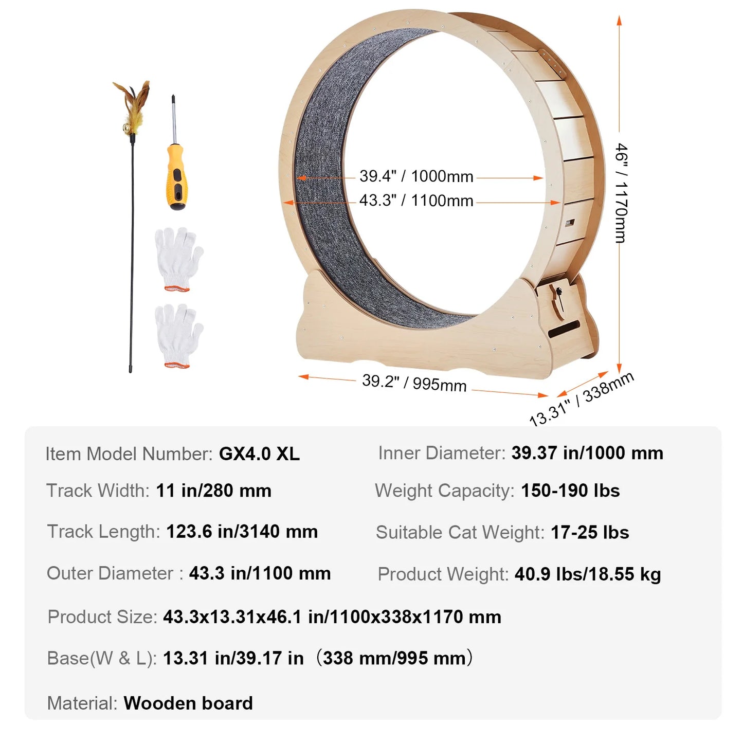 Wooden Cat Exercise Wheel for Indoor Running with Detachable Carpet