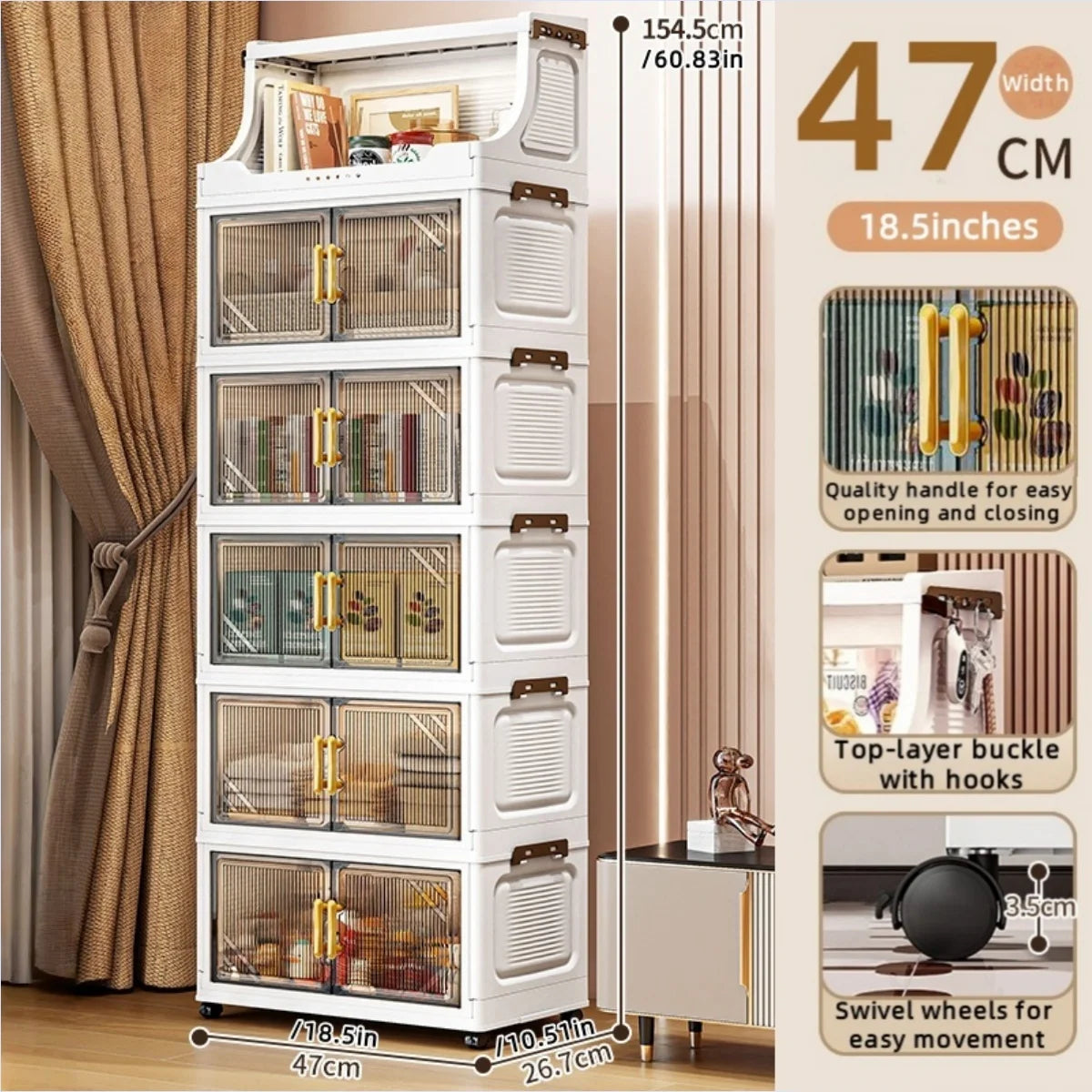 Large Foldable Flip-Top Transparent Storage Cabinet with Wheels, Space-Saving Mobile Home Organizer