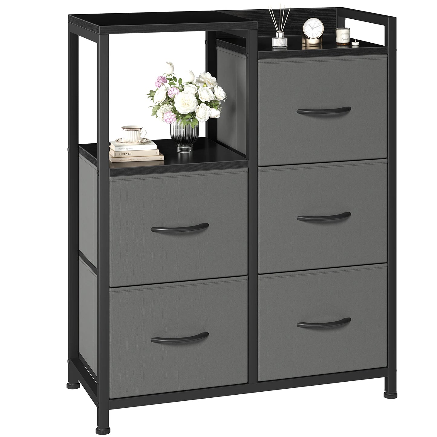 JHK 5 Fabric Drawer Chest with Raised Shelf Metal Frame TV Stands for Bedroom Storage Tower with Bins for Closet Organization Hallway Storage for Home