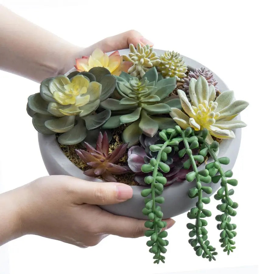8 Inch Round Modern Artificial Succulent Arrangement Potted in Gray Concrete Plant Bowl, Assorted Faux Mini Succulents in a Deco