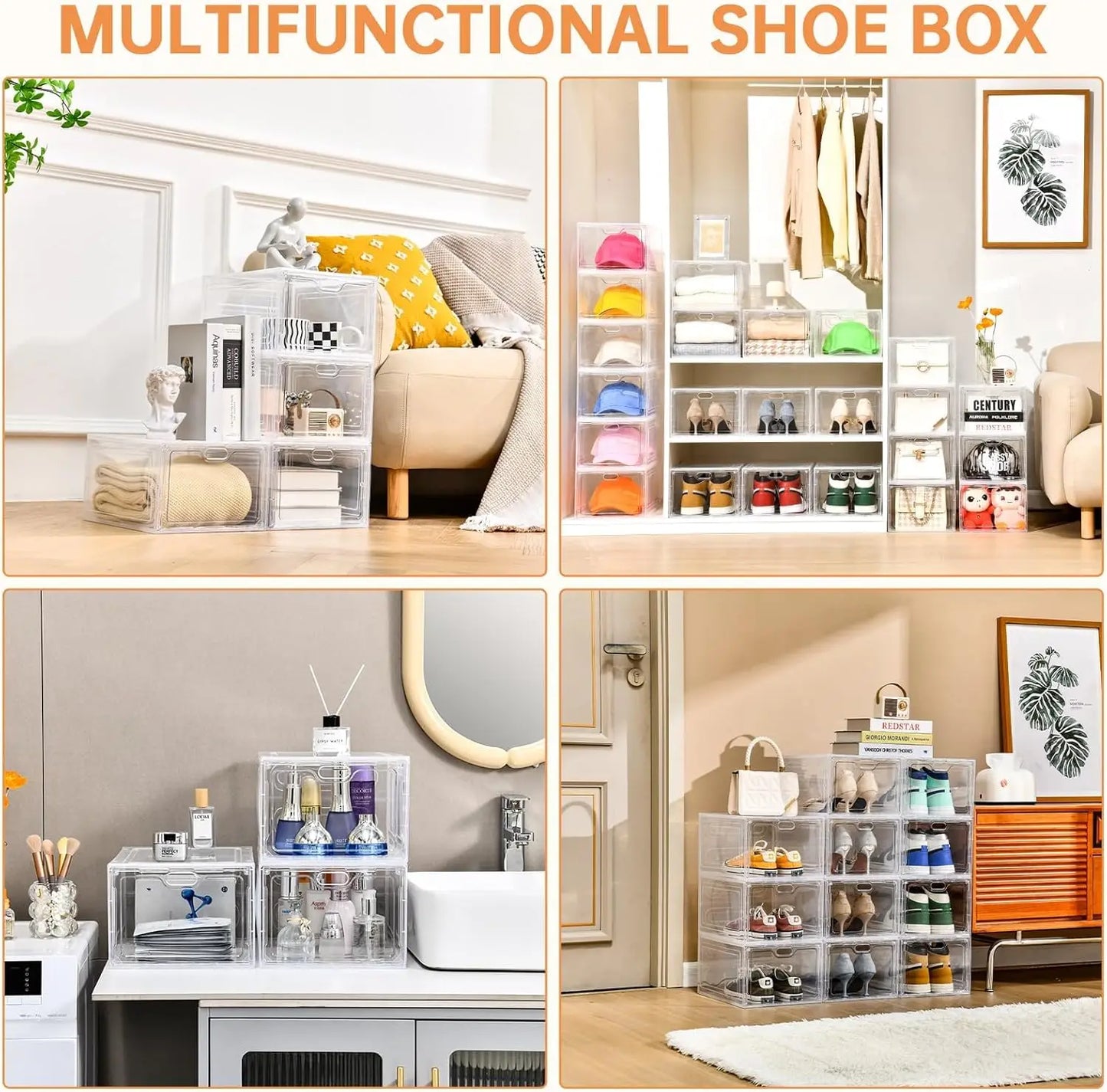 Clear Stackable Shoe Storage Box with Magnetic Door, Holds Up to US Size 12, Easy Assembly