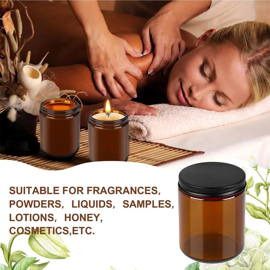 12 Pack Amber Glass Jars, 8 Oz Thick Amber Round Glass Jars, with Black Metal Lids, for Spice, Liquid, Sample, Leakproof and Dis
