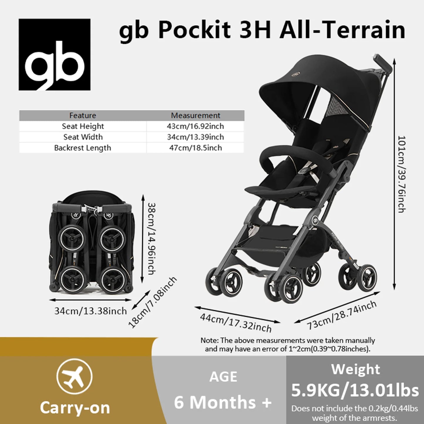 gb Pockit 3H baby Steoller (Includes Free Armrest), All-Terrain, Lightweight Stroller, Travel-Friendly, for Babies & Toddlers
