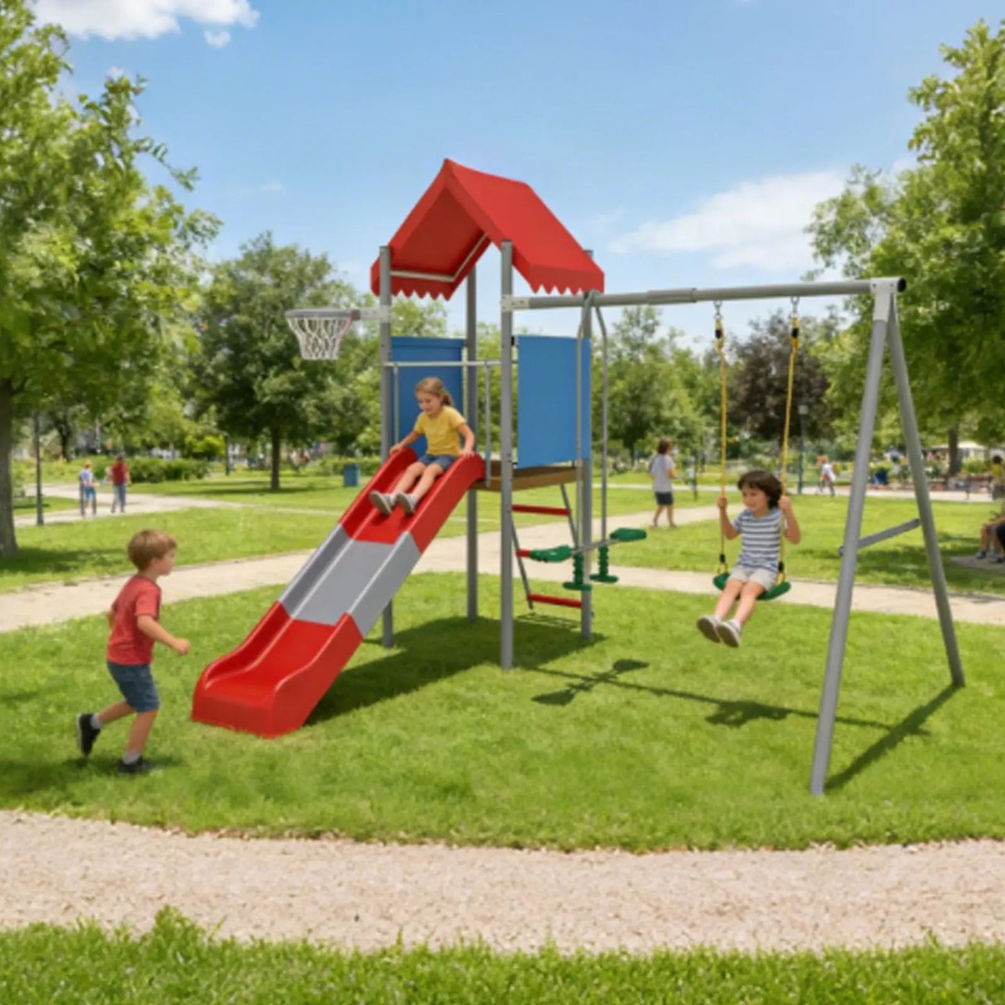 Kids Outdoor Playset Heavy Duty Metal Swing Set With Slide Basketball Hoop Treehouse Backyard Playground Equipment For Children
