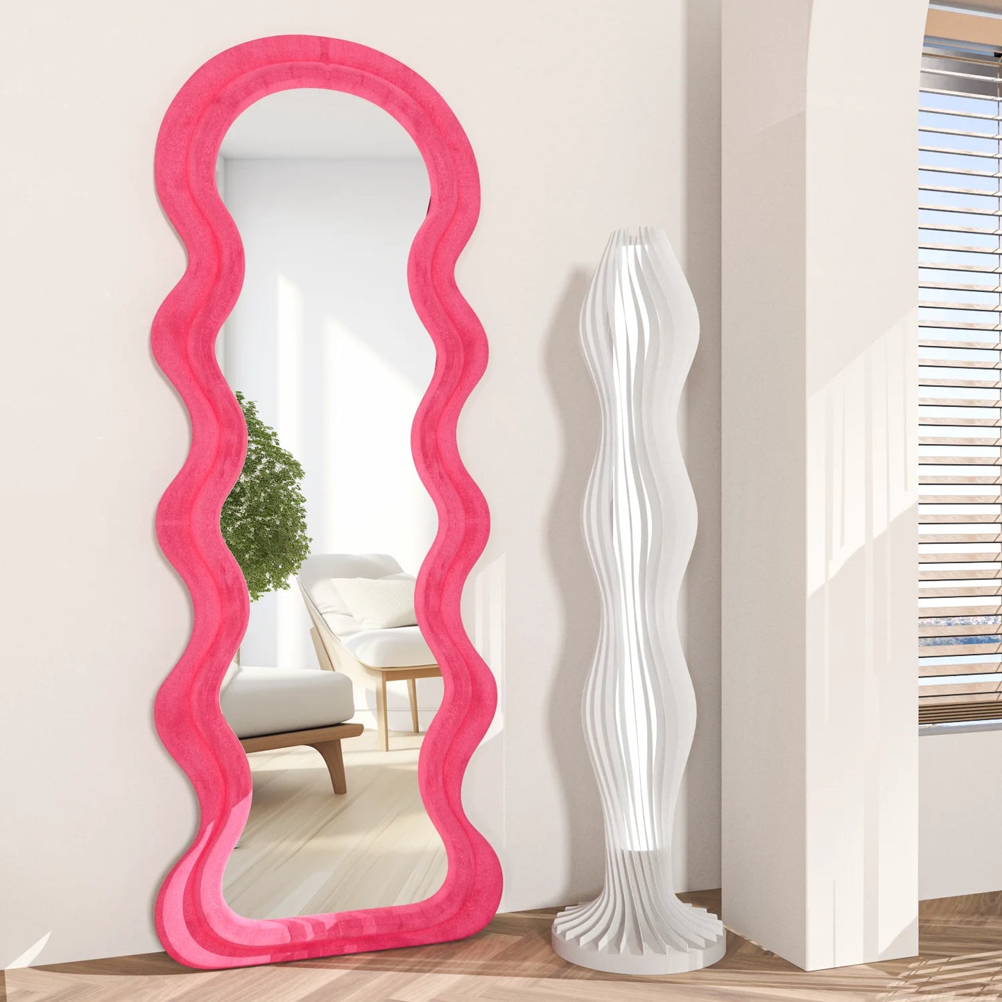 Full Length Mirror, 63" x 24" Floor Mirror, Irregular Wavy Mirror, Full Length Wall Mirror, Standing Flannel Wrapped Wooden