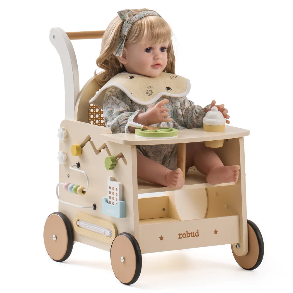 Robud Wooden Toddler Push Walker With Storage And Activity Panel