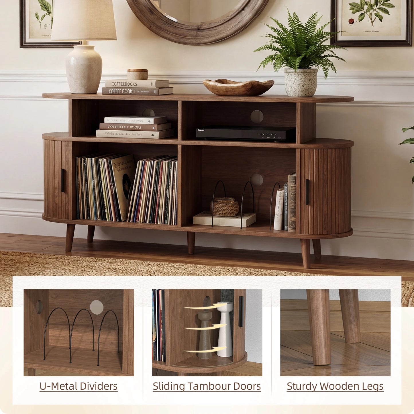 Vinyl Record Storage Cabinet with Charging Station, Media Console with Sliding Doors for Turntable, 35/55in for Living Room