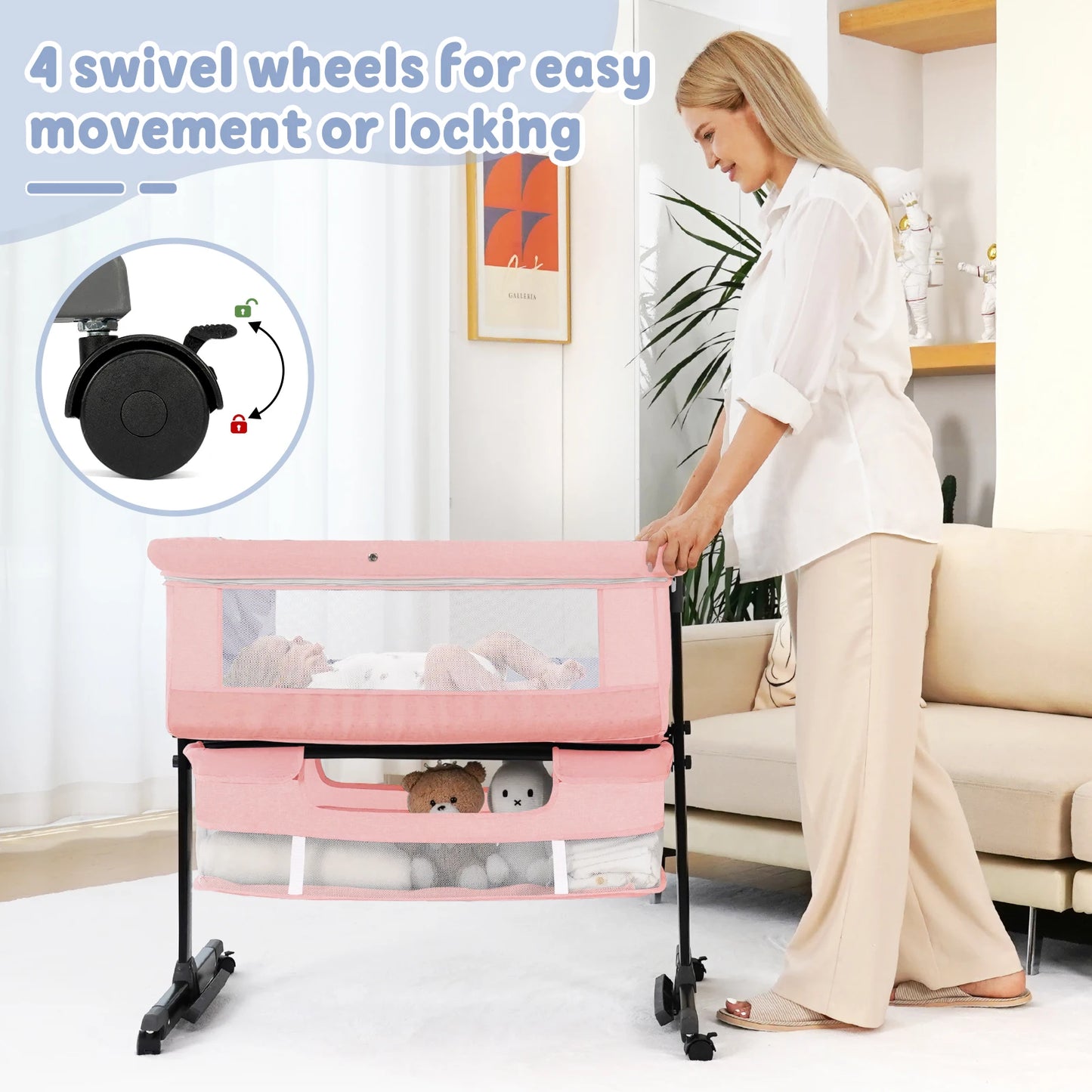 Foldable Portable Baby Bassinet Bedside Crib With Mesh And Basket