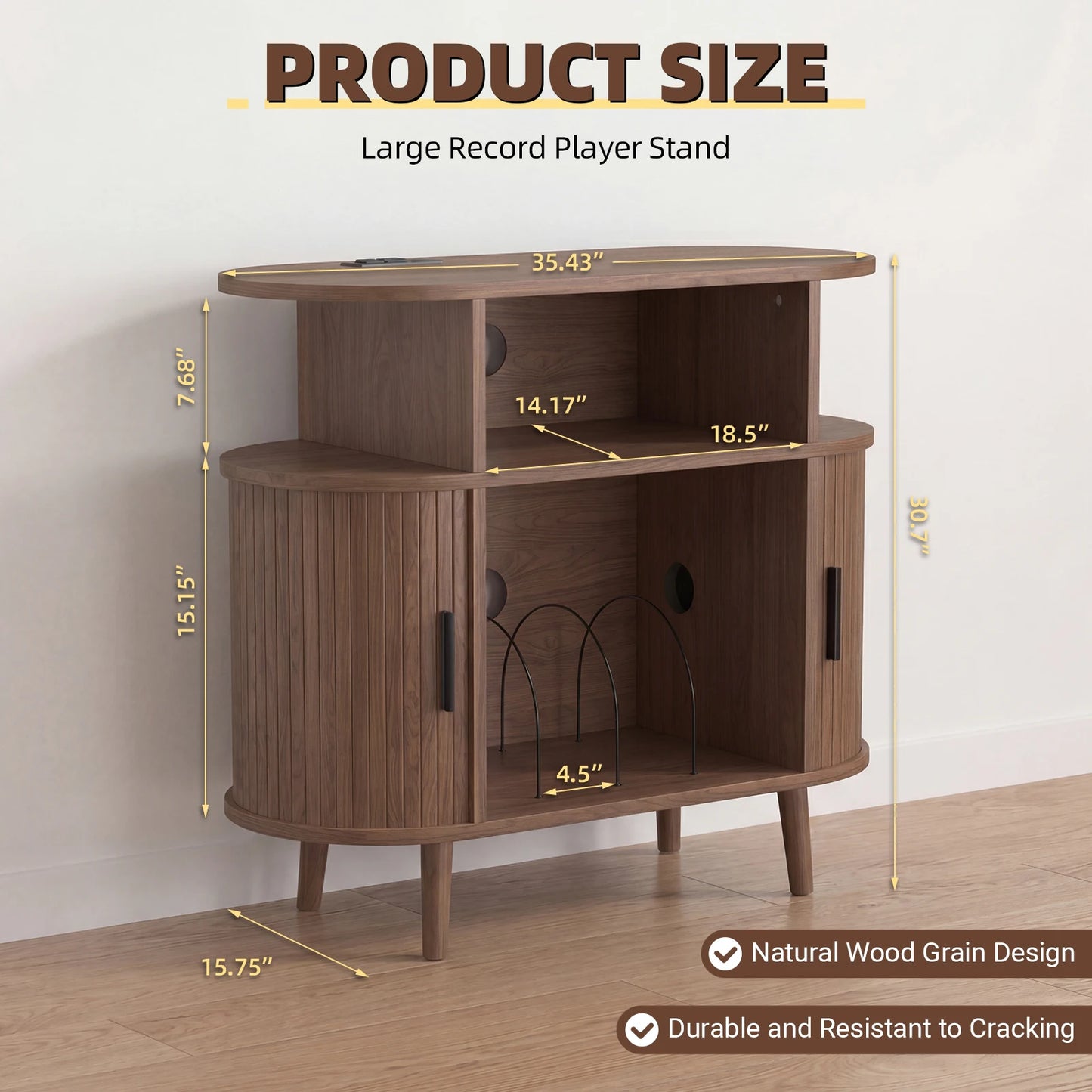 Vinyl Record Storage Cabinet with Charging Station, Media Console with Sliding Doors for Turntable, 35/55in for Living Room
