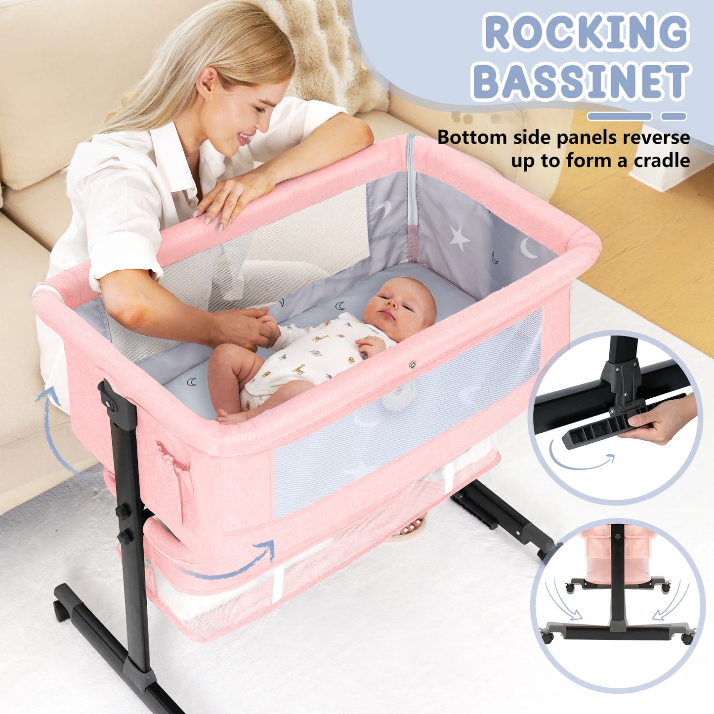 Foldable Portable Baby Bassinet Bedside Crib With Mesh And Basket