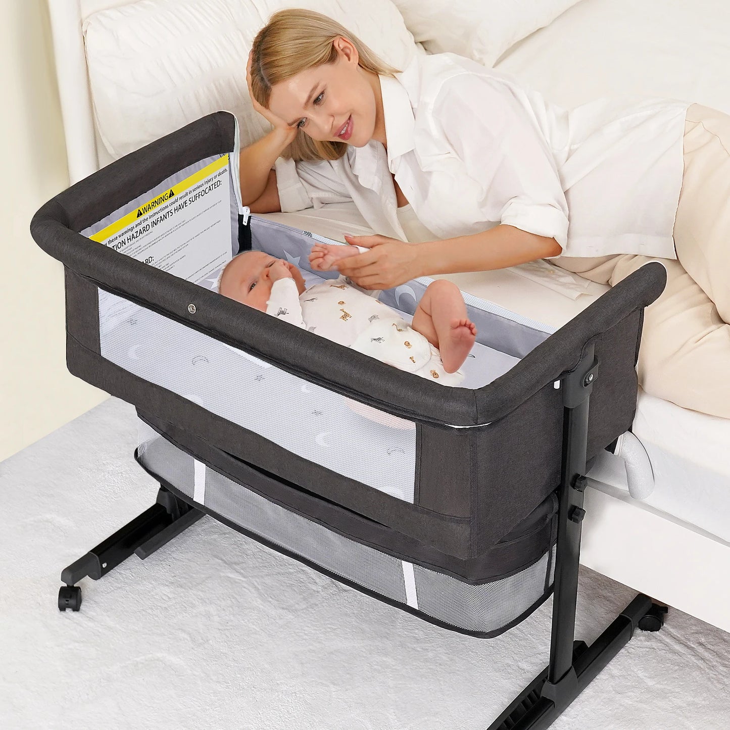 Foldable Portable Baby Bassinet Bedside Crib With Mesh And Basket