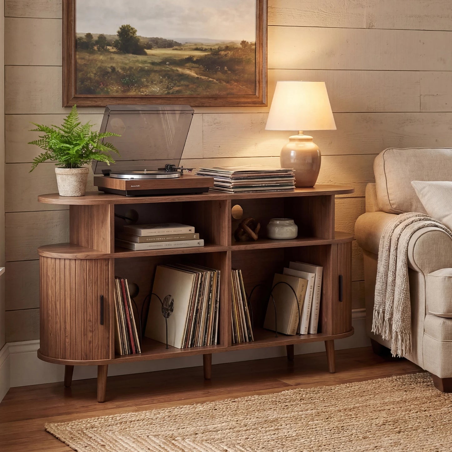 Vinyl Record Storage Cabinet with Charging Station, Media Console with Sliding Doors for Turntable, 35/55in for Living Room