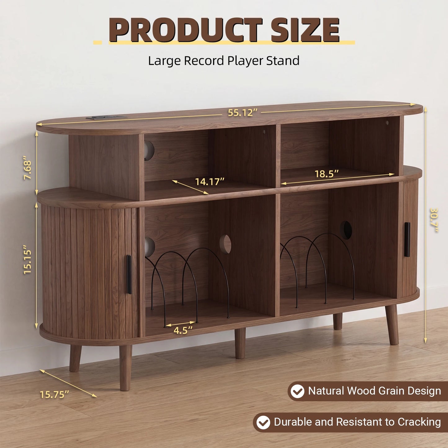 Vinyl Record Storage Cabinet with Charging Station, Media Console with Sliding Doors for Turntable, 35/55in for Living Room
