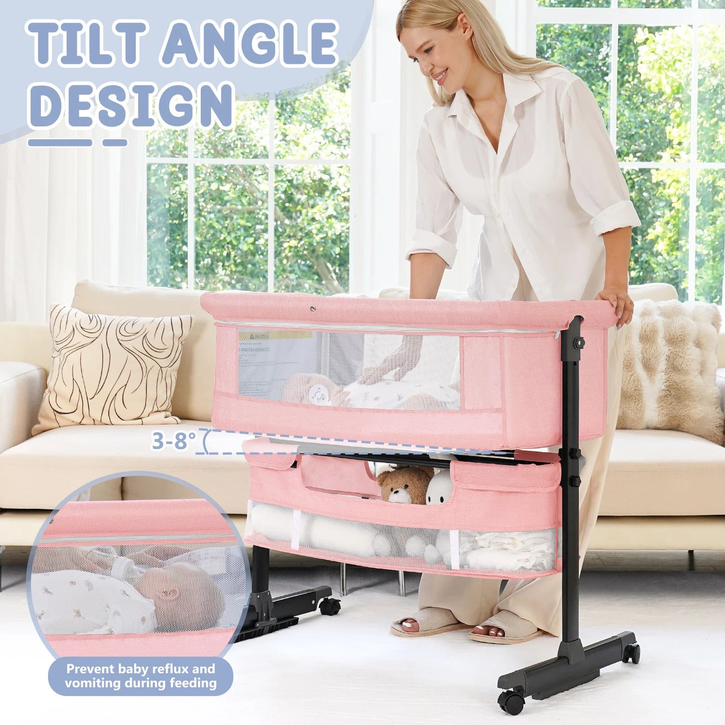 Foldable Portable Baby Bassinet Bedside Crib With Mesh And Basket