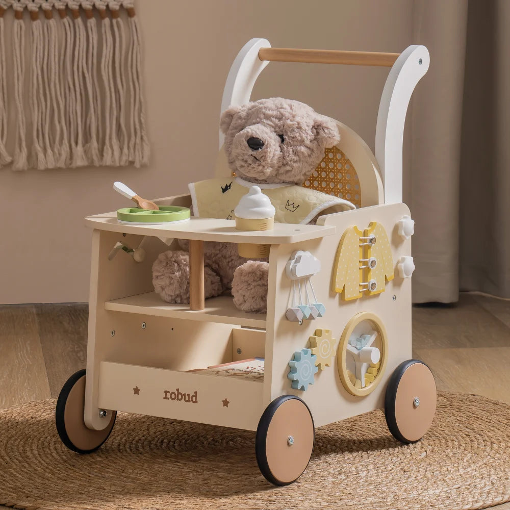 Robud Wooden Toddler Push Walker With Storage And Activity Panel