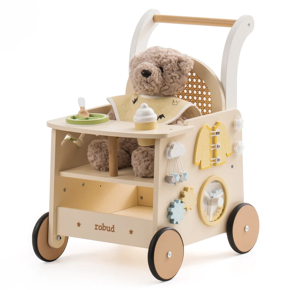 Robud Wooden Toddler Push Walker With Storage And Activity Panel