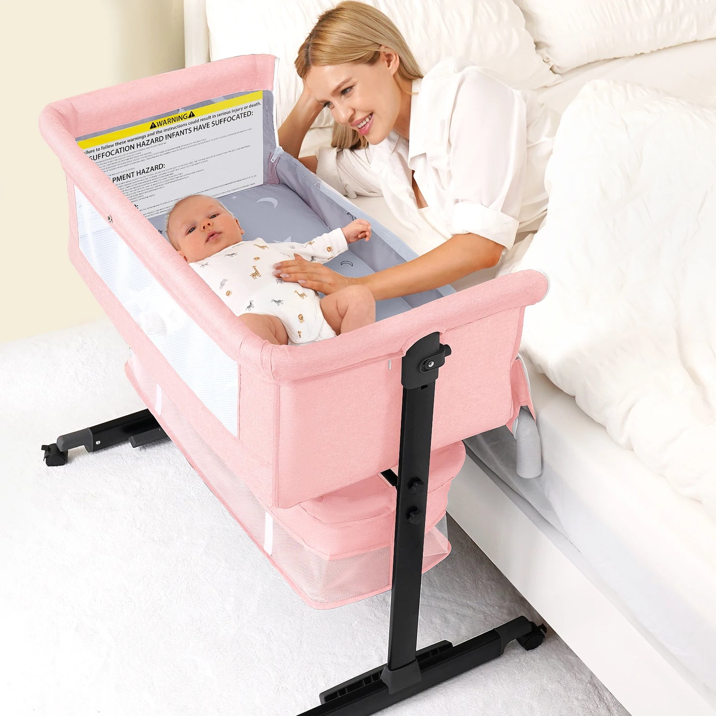 Foldable Portable Baby Bassinet Bedside Crib With Mesh And Basket