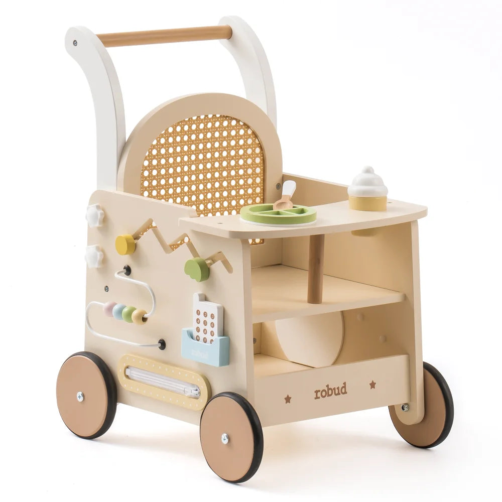 Robud Wooden Toddler Push Walker With Storage And Activity Panel