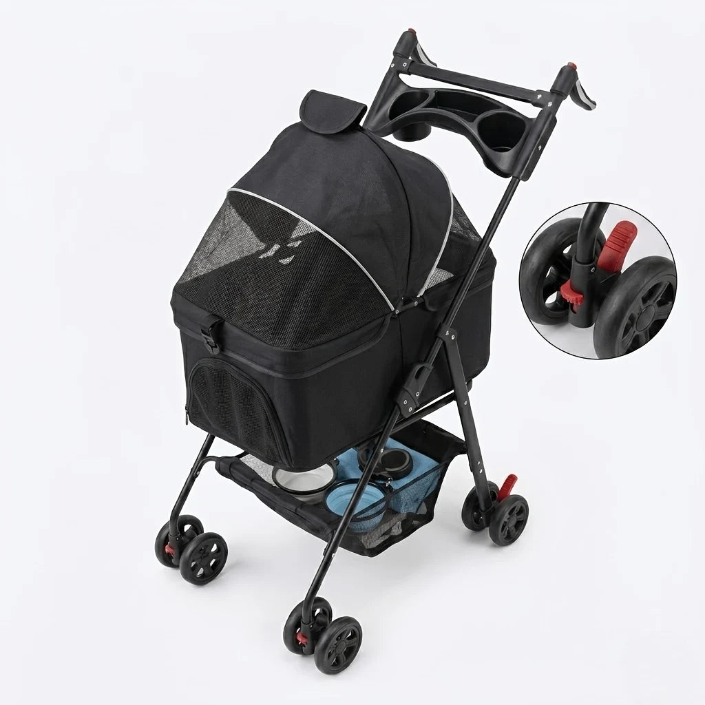 Pet Stroller Dog Stroller with Light Barrier, 2-In-1 Pet Folding Stroller, 4-Wheel Dog/Cat Puppy Stroller, Removable Travel Carrier for Small/Medium Pet Black