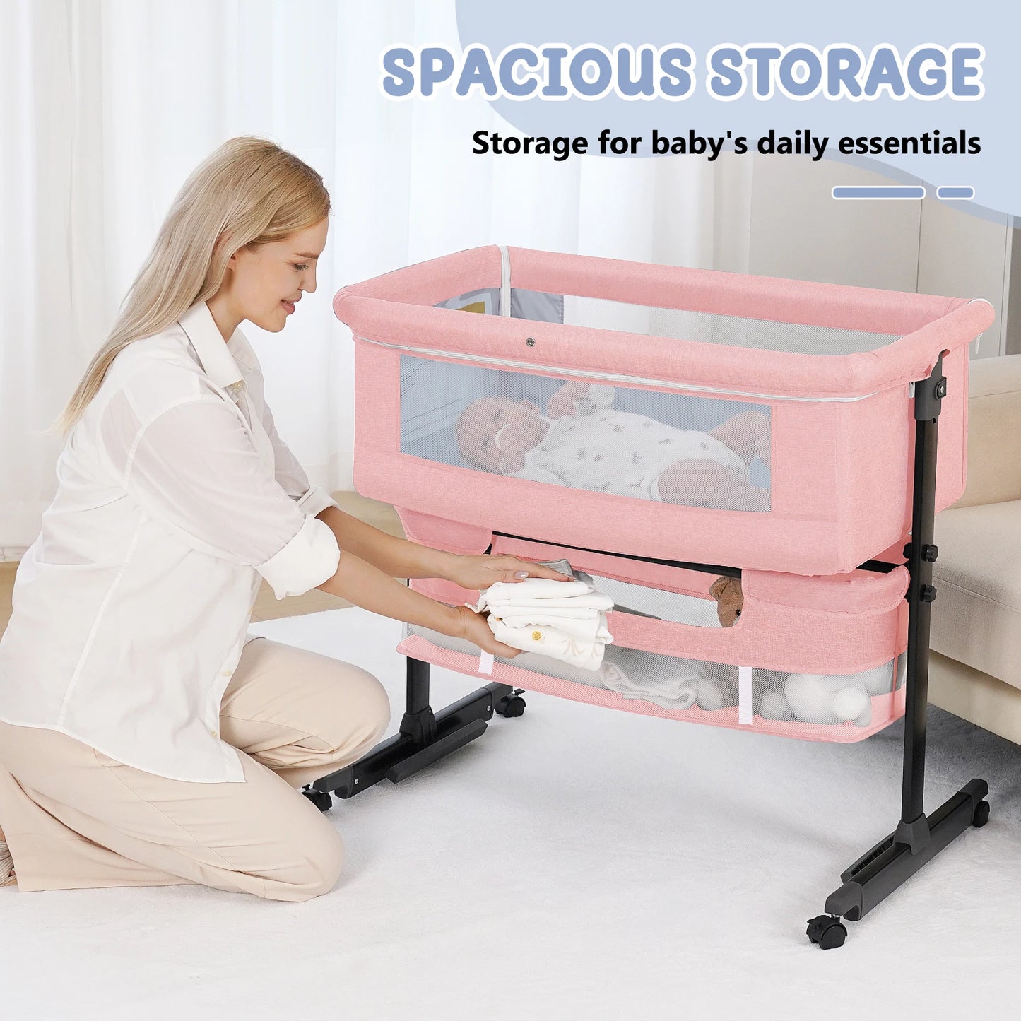 Foldable Portable Baby Bassinet Bedside Crib With Mesh And Basket