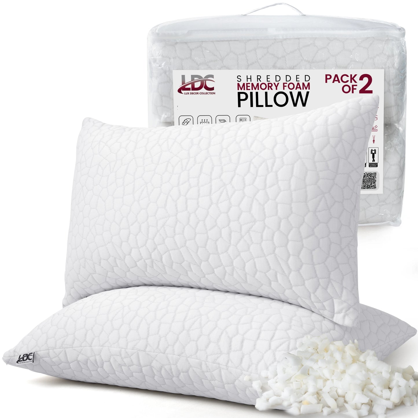 Lux Decor Shredded Memory Foam Pillows 2 Pack with Washable Cover - Adjustable Loft Breathable Stone Pattern