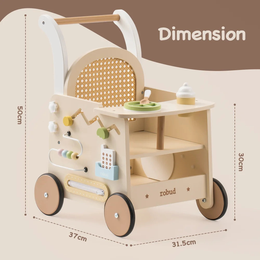 Robud Wooden Toddler Push Walker With Storage And Activity Panel
