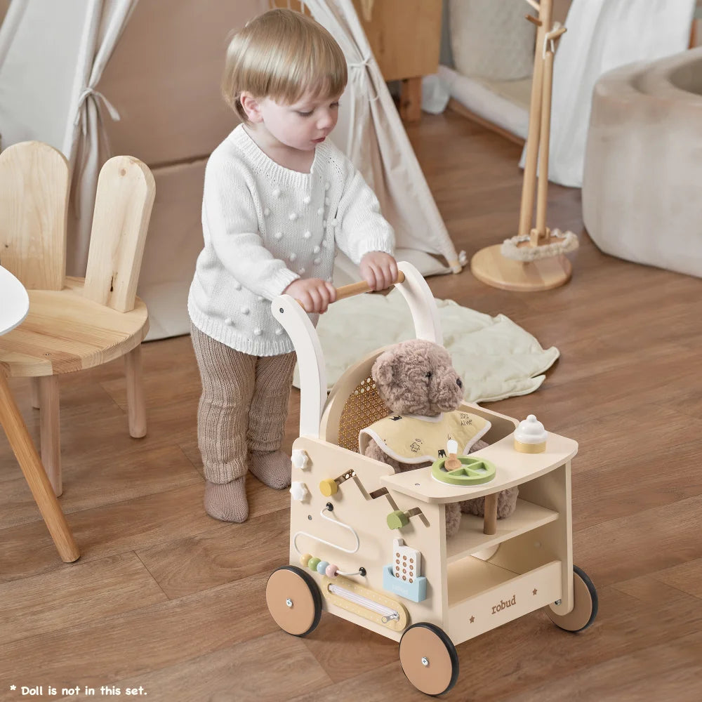 Robud Wooden Toddler Push Walker With Storage And Activity Panel