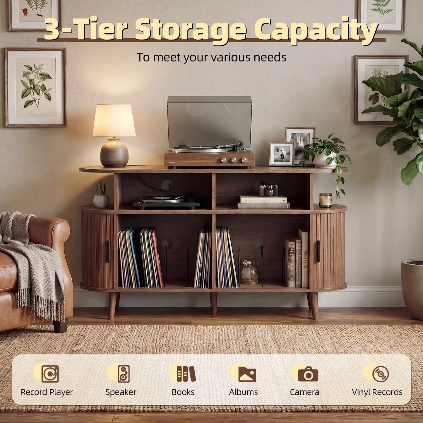 Vinyl Record Storage Cabinet with Charging Station, Media Console with Sliding Doors for Turntable, 35/55in for Living Room