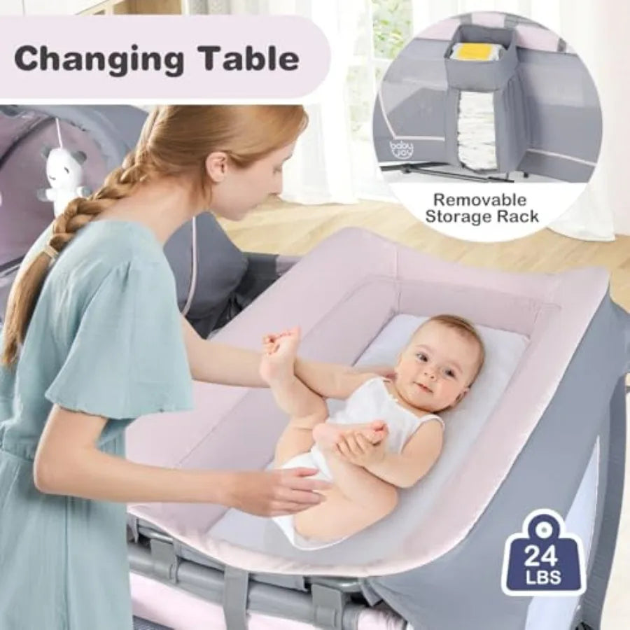 5 in 1 Pack and Play Portable Baby Playard with Bassinet Diaper Changing Table Infant Pink Bassinet Crib with Toys Music Ox Ba