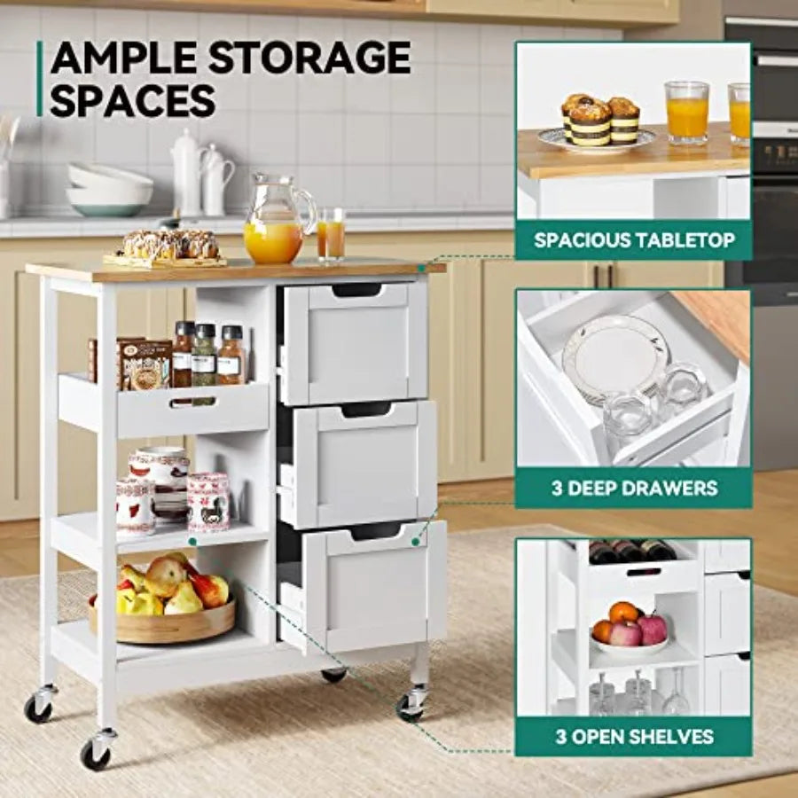 Kitchen island cart for dining room use, solid wood top in oak white finish, with 3-drawer storage and smooth-rolling wheels fo