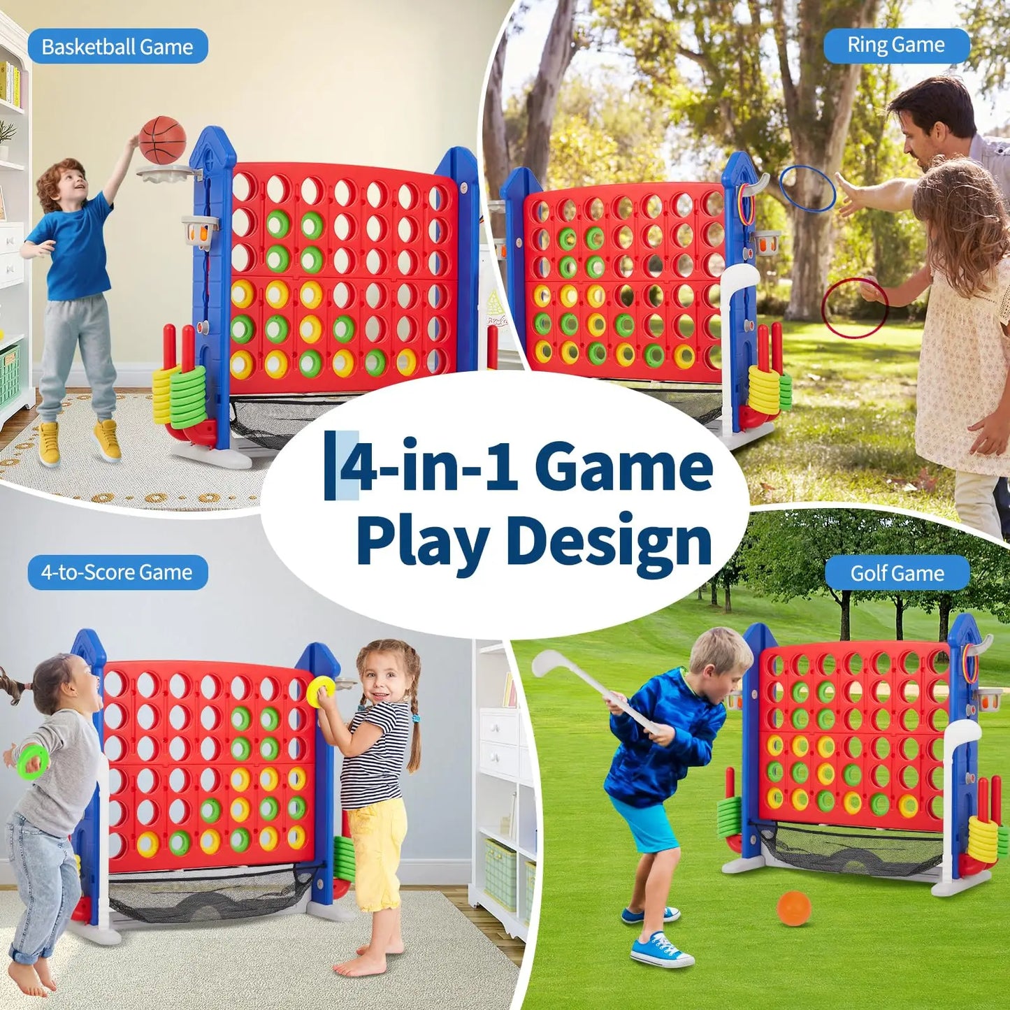 Giant 4 In A Row Game Set 4-in-1 Jumbo Yard Game With Basketball Hoop Ring Toss Adjustable Height Outdoor Family Party Toy